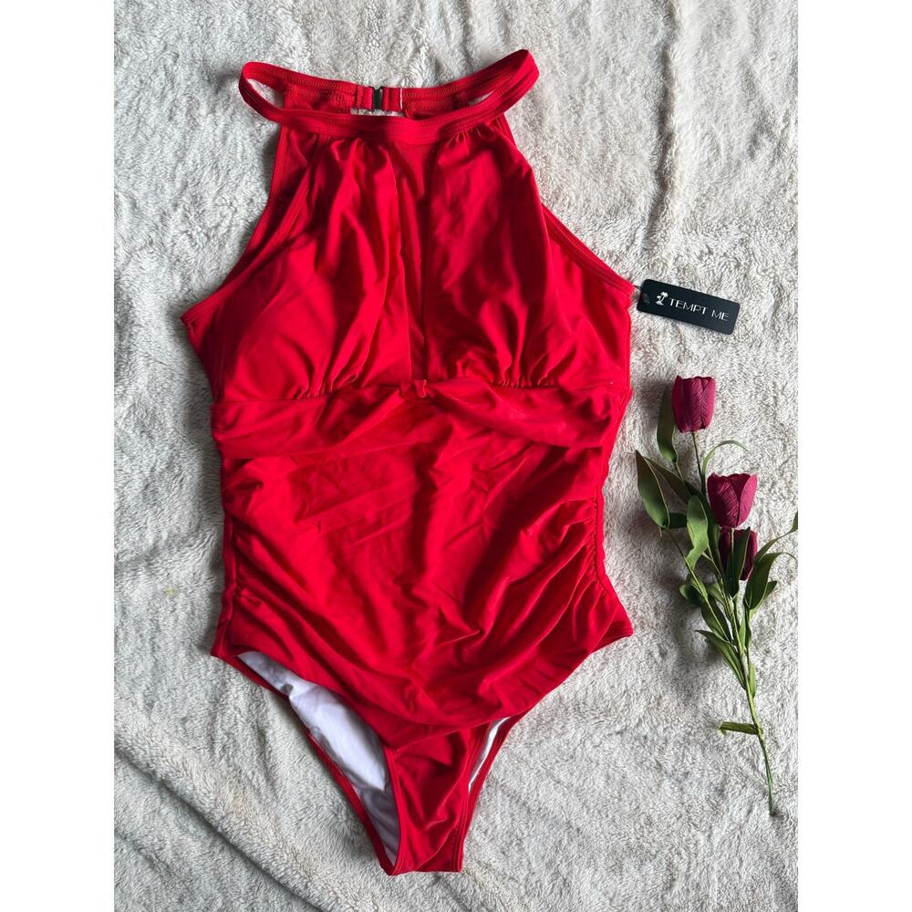 Tempt Me Red One-Piece Deep-V Mesh Swim Suit NWT XL